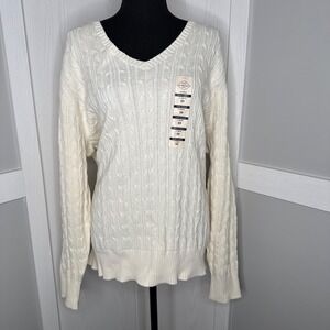 NWT St. John's Bay Cable Knit Sweater Ivory Size 3X Plus Long Sleeve V-Neck